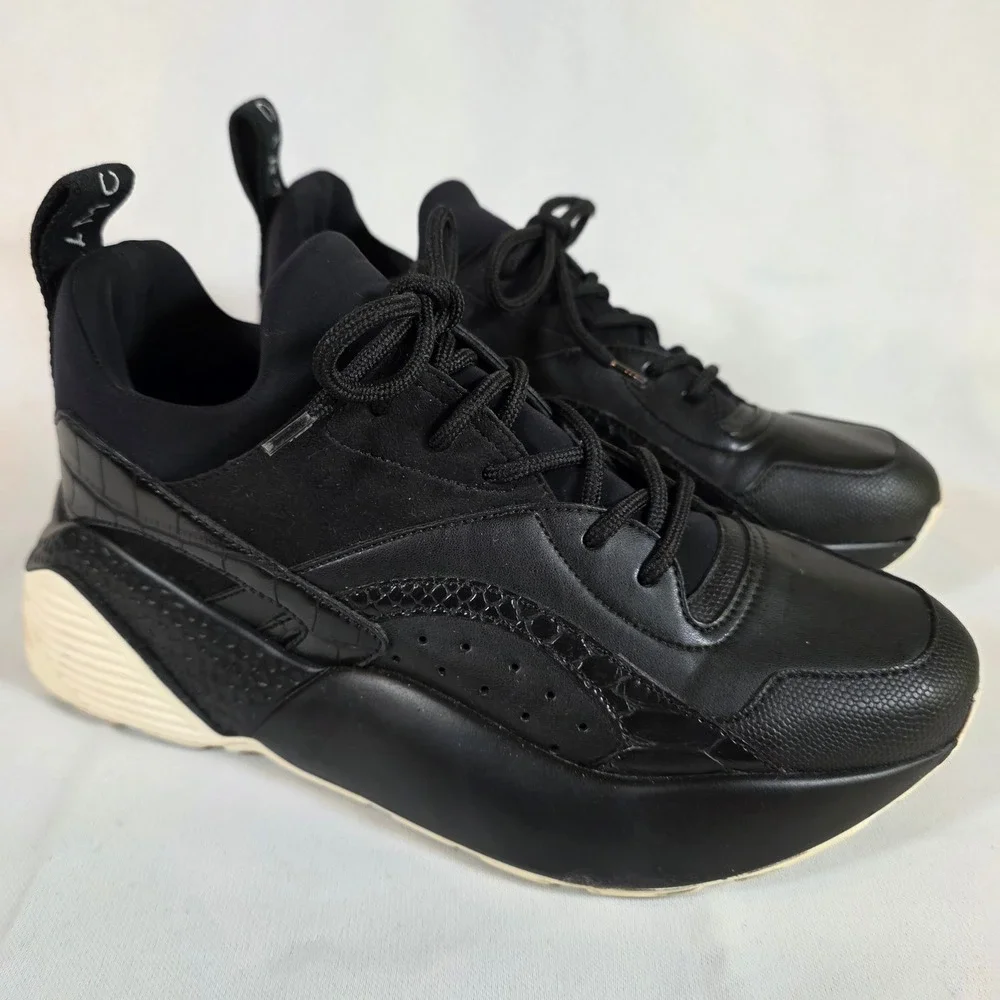 Stella McCartney Eclypse Black Croc Embossed Chunky Platform Sneakers Sz 38/7.5